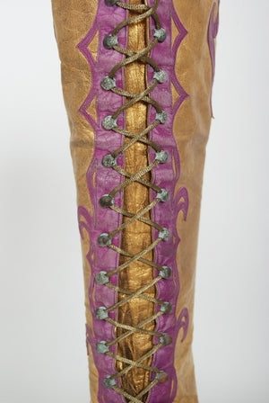 1890's Antique Cammeyer Couture Gold & Purple Leather Lace-Up Victorian Boots