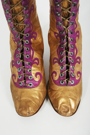 1890's Antique Cammeyer Couture Gold & Purple Leather Lace-Up Victorian Boots