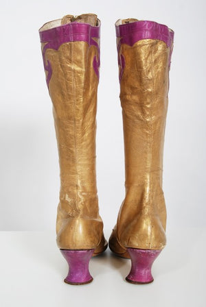 1890's Antique Cammeyer Couture Gold & Purple Leather Lace-Up Victorian Boots