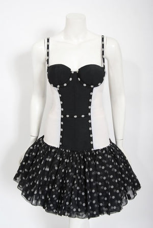 1990 Christian Dior Black White Polka-Dot Silk Bustier Plunge Mini Dress