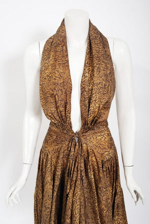 1987 Azzedine Alaia Documented Golden Print Silk Backless Halter Dress
