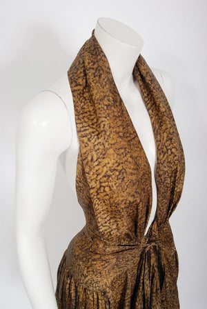 1987 Azzedine Alaia Documented Golden Print Silk Backless Halter Dress