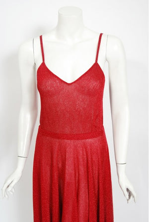 1970's Halston Couture Red Metallic Semi Sheer Knit Long-Sleeve Dress