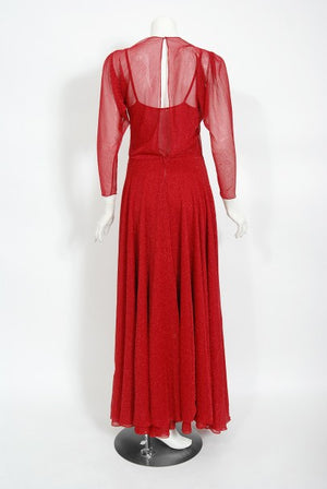 1970's Halston Couture Red Metallic Semi Sheer Knit Long-Sleeve Dress