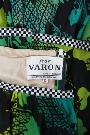 1970's Jean Varon Green Graphic Floral Print Pleated Tiered Halter Dress