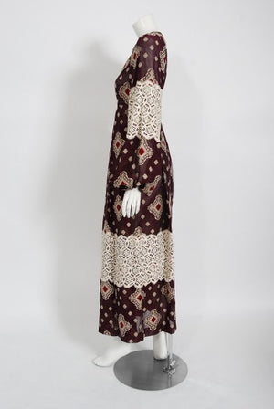 1971 Thea Porter Brocaded Cotton & Lace Low Cut Billow-Sleeve Maxi Dress