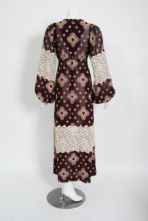 1971 Thea Porter Brocaded Cotton & Lace Low Cut Billow-Sleeve Maxi Dress