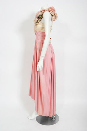 1960's Film-Worn Pink Silk and Ivory Satin Floral Appliqué Draped Gown