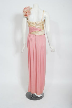 1960's Film-Worn Pink Silk and Ivory Satin Floral Appliqué Draped Gown