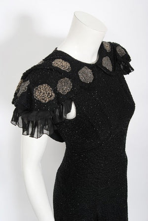 1930's French Couture Beaded Black Silk Flutter Sleeve Open-Back Dress