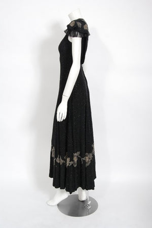 1930's French Couture Beaded Black Silk Flutter Sleeve Open-Back Dress