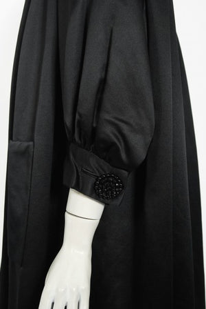 1951 Traina-Norell Black Duchess Satin Voluminous Pleated Swing Coat