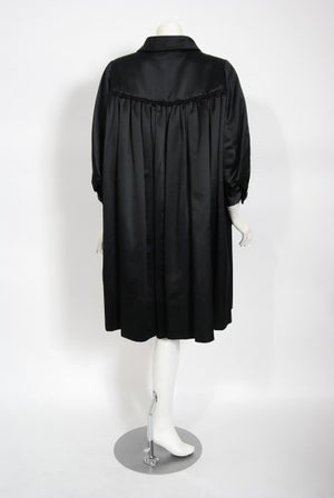 1951 Traina-Norell Black Duchess Satin Voluminous Pleated Swing Coat
