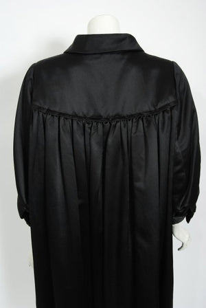 1951 Traina-Norell Black Duchess Satin Voluminous Pleated Swing Coat