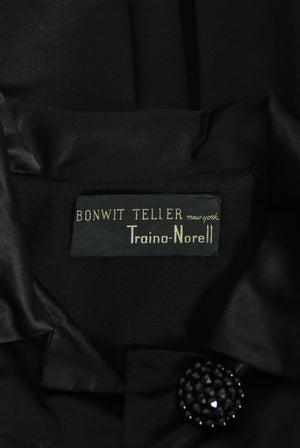 1951 Traina-Norell Black Duchess Satin Voluminous Pleated Swing Coat