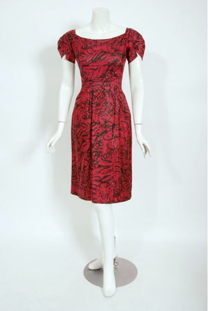 1950's Worth Couture Magenta Pink Floral Print Silk Shawl-Collar Dress