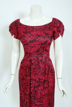 1950's Worth Couture Magenta Pink Floral Print Silk Shawl-Collar Dress