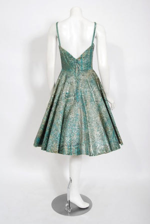 1950's Mexican Aztec Tiki Novelty Print Sequin Blue Cotton Full Dress