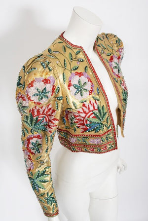 1979 Lanvin Haute Couture Embroidered Beaded Gold Lamé Cropped Jacket