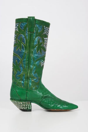 1970's Nudie's Rodeo Tailor Rhinestone Green Leather Cowboy Boots