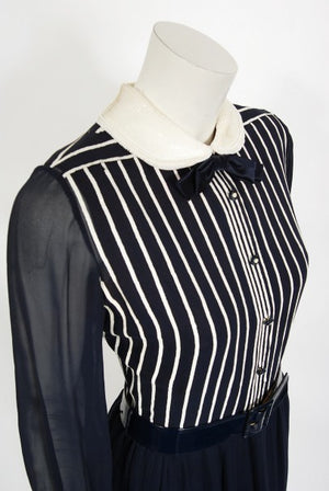 1970's Jacques Réval Paris Navy Chiffon Sequin-Stripe Pleated Maxi Dress