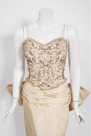 1950's Custom Couture Hourglass Jeweled Beaded Ivory Silk Back-Bow Gown