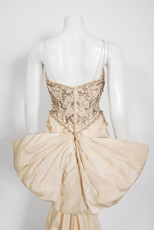 1950's Custom Couture Hourglass Jeweled Beaded Ivory Silk Back-Bow Gown