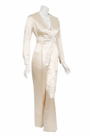 1960's Galanos Couture Ivory Silk Satin Low-Plunge Long Sleeve Jumpsuit