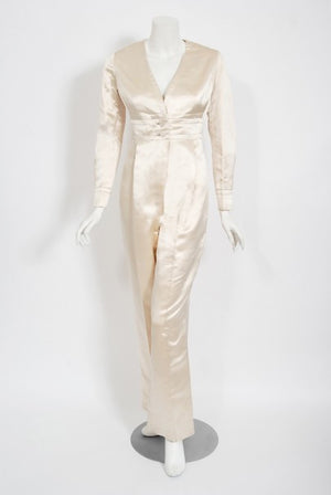 1960's Galanos Couture Ivory Silk Satin Low-Plunge Long Sleeve Jumpsuit