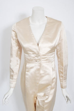 1960's Galanos Couture Ivory Silk Satin Low-Plunge Long Sleeve Jumpsuit