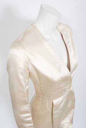 1960's Galanos Couture Ivory Silk Satin Low-Plunge Long Sleeve Jumpsuit