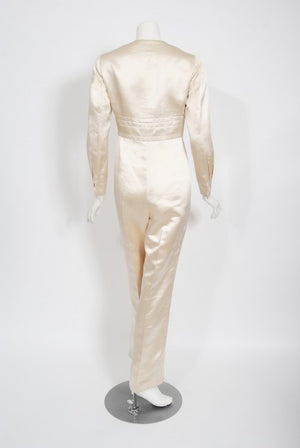 1960's Galanos Couture Ivory Silk Satin Low-Plunge Long Sleeve Jumpsuit