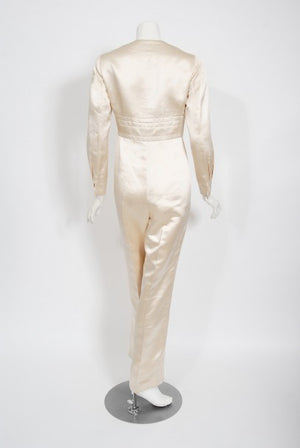 1968 Galanos Couture Ivory Silk Satin Low-Plunge Long Sleeve Jumpsuit