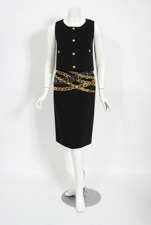 1985 Chanel Documented Black Wool Metallic Gold Trompe L'oeil Belt Dress
