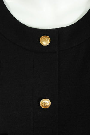 1985 Chanel Documented Black Wool Metallic Gold Trompe L'oeil Belt Dress