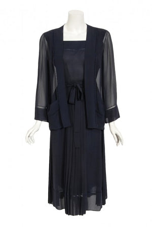 1974 Christian Dior Haute Couture Navy Pleated Silk Cutwork Dress Set