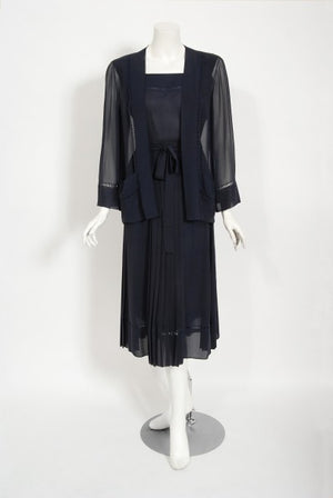 1974 Christian Dior Haute Couture Navy Pleated Silk Cutwork Dress Set