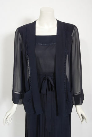 1974 Christian Dior Haute Couture Navy Pleated Silk Cutwork Dress Set