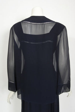 1974 Christian Dior Haute Couture Navy Pleated Silk Cutwork Dress Set