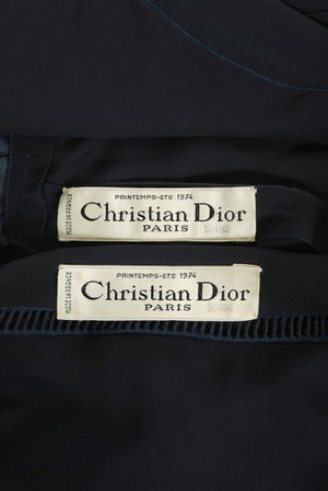 1974 Christian Dior Haute Couture Navy Pleated Silk Cutwork Dress Set