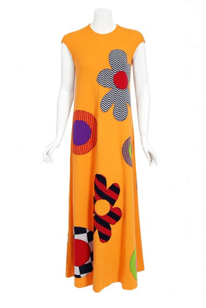 1965 Rudi Gernreich 'Flower Power' Applique Orange Wool Mod Maxi Dress
