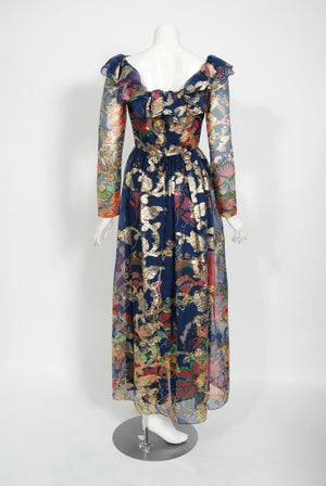1970's Oscar de la Renta Metallic Navy Floral Silk Long-Sleeve Dress