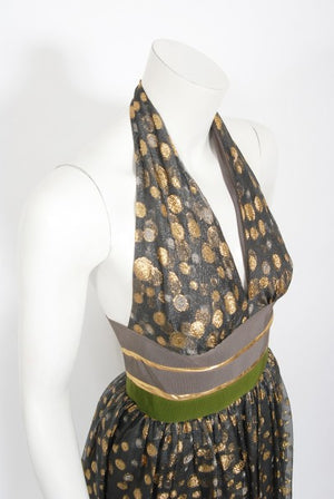 1979 Lanvin Couture Metallic Polka-Dot Charcoal Silk Lamé Halter Dress