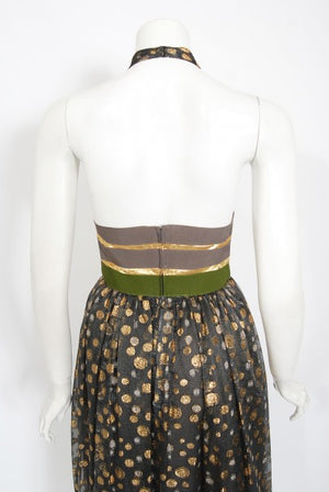 1979 Lanvin Couture Metallic Polka-Dot Charcoal Silk Lamé Halter Dress