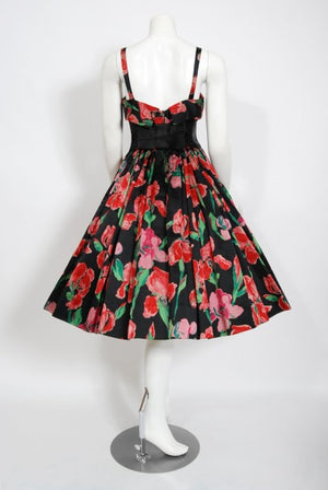 1954 Traina-Norell Couture Watercolor Iris Floral Print Satin Dress