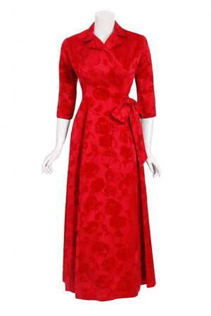 1962 Juel Park of Beverly Hills Red Roses Flocked Satin Dressing Gown