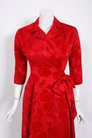 1962 Juel Park of Beverly Hills Red Roses Flocked Satin Dressing Gown