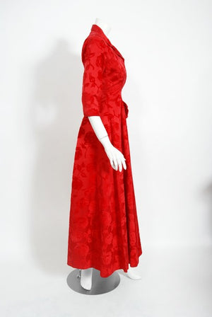 1962 Juel Park of Beverly Hills Red Roses Flocked Satin Dressing Gown