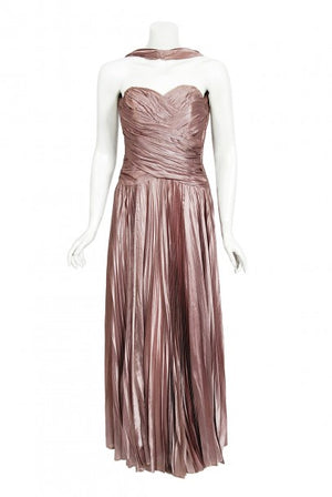 1950's Marjon Couture Mauve Purple Silk Reverse-Halter Pleated Gown