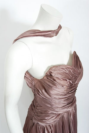 1950's Marjon Couture Mauve Purple Silk Reverse-Halter Pleated Gown